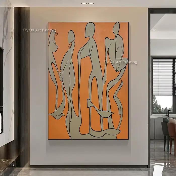 Peinture à l'huile de personnes abstraites Orange et grises faite à la main