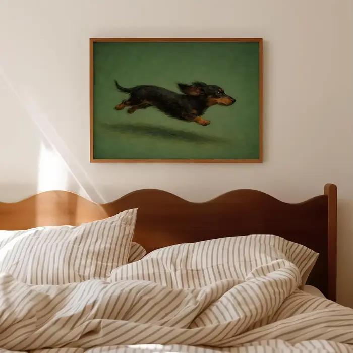 Tableau sur toile style classique 'Dachshund en pleine sautée' - Chien dynamique noir et brun - Impression murale pour salon et décoration intérieure