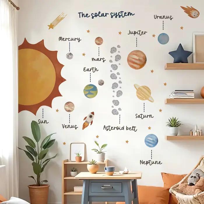 Autocollant mural éducatif de l'espace du système solaire, autocollant en vinyle pour chambre d'enfant, chambre de garçon, compte à rebours, salle de jeux, décoration de salon et de maison