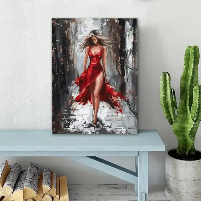 Peinture sur toile de femme élégante en robe rouge
