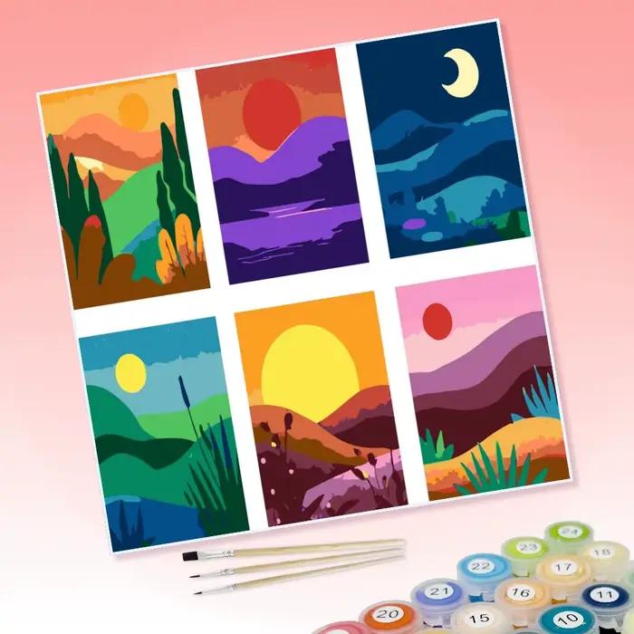 6 groupes de tableaux de paysages de coucher de soleil en montagne