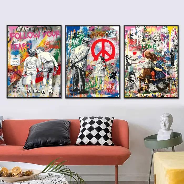 Pop Rue Graffiti Mur Art Banksy Garçon Fille Dans L'amour HD Huile Sur Toile Affiches Et Impressions Pour Salon Chambre Décor