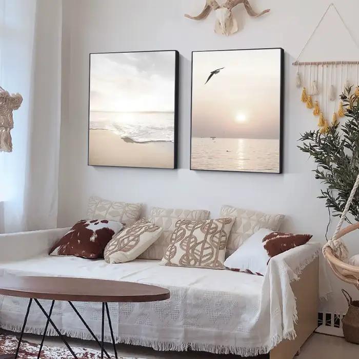 3 pièces lever du soleil plage vague de mer Beige paysage impressions sur toile parfait