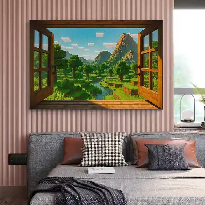 Affiche de jeu vidéo avec vue de fenêtre Steve, Pixel World Sandbox, peinture sur toile, images d'art murales, décor de salle de jeu pour la maison