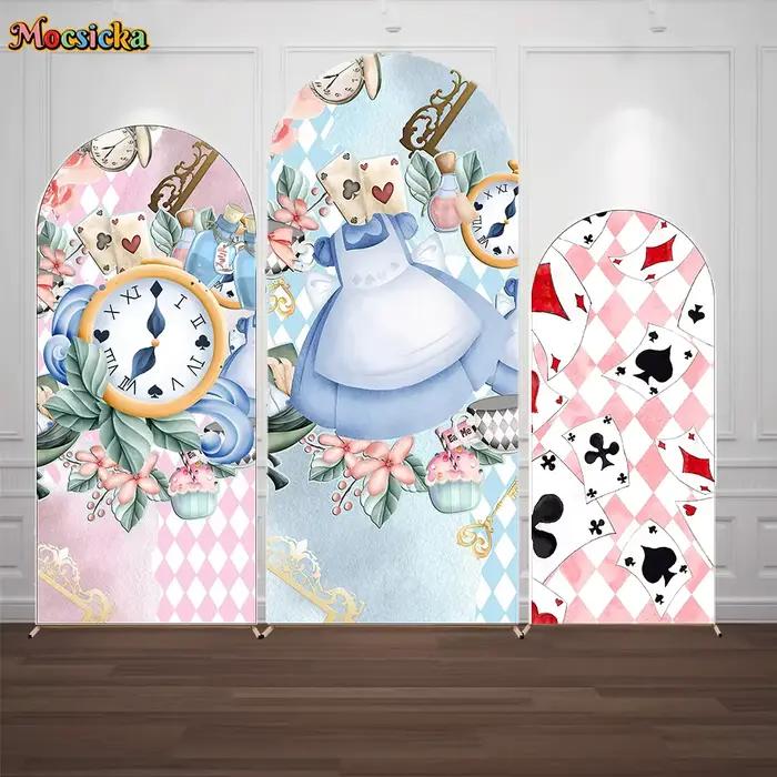 Mocsicka-Toile de fond de couverture arquée Alice au pays des merveilles pour fille, fond rose fleur, cabine double face, horloge d'anniversaire et de thé
