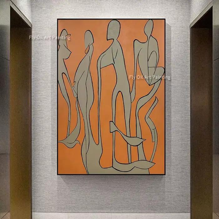Peinture à l'huile de personnes abstraites Orange et grises faite à la main