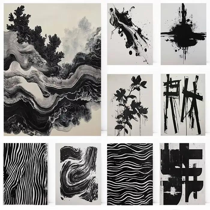 Affiche minimaliste abstraite à lignes fluides noires et blanches, paysage à l'encre, images d'art murales imprimées, peinture sur toile, décoration de maison pour salle