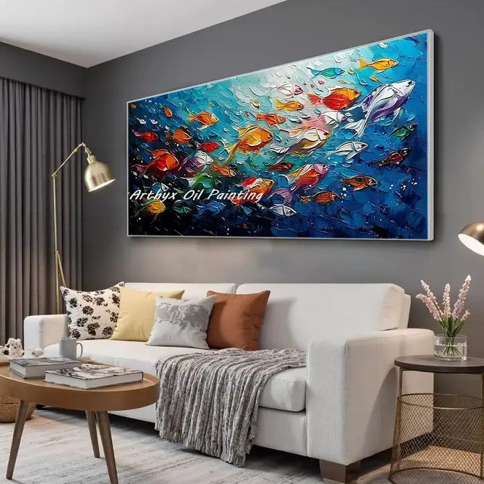 Arthyx, peinture à l'huile sur toile d'école de poissons d'art texturé d'océan bleu
