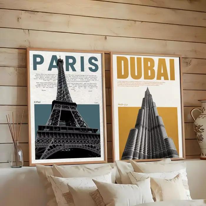 Affiches de lieux emblématiques de Paris et de Dubaï pour la maison