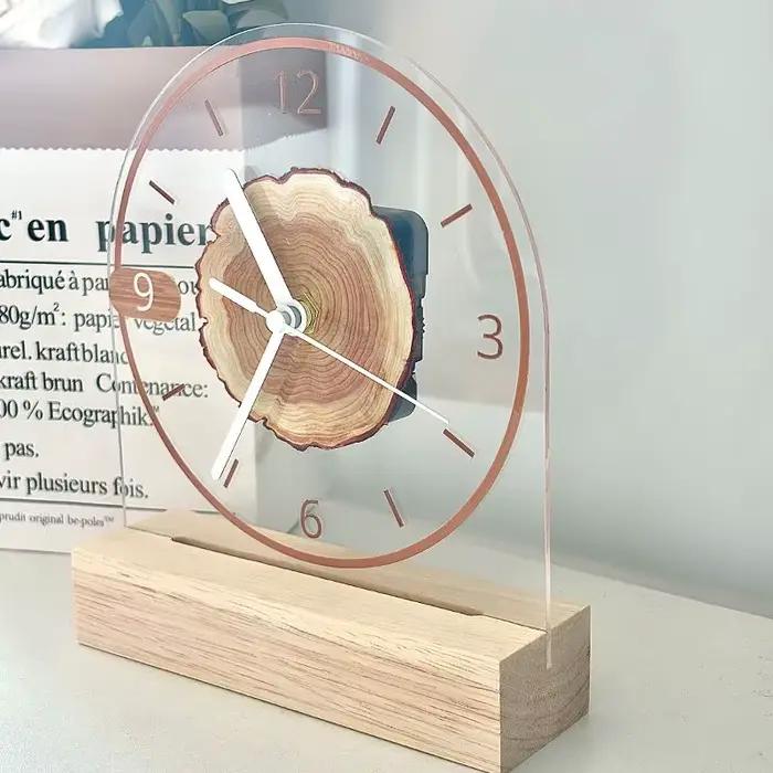 Horloge de bureau minimaliste en acrylique avec base en bois massif – Mouvement silencieux
