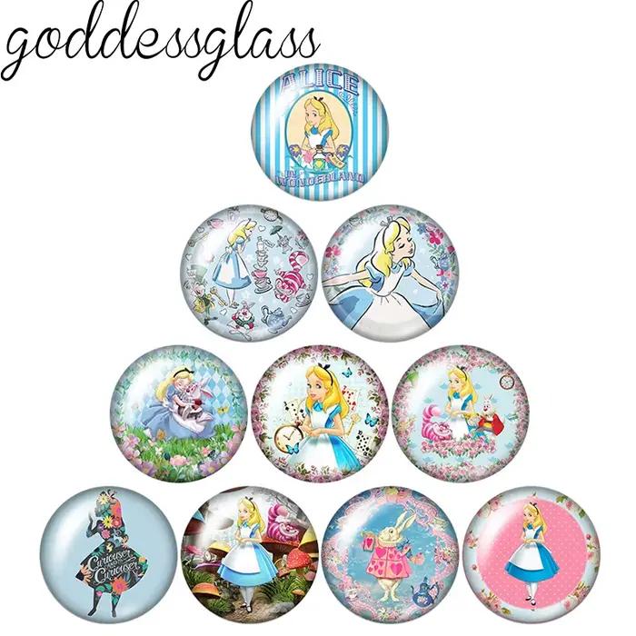 Cabochon en verre photo Alice au pays des merveilles, horloge miroir, lapin, chat, 12mm/18mm/20mm, dos plat, pour la création de bijoux et de porte-clés