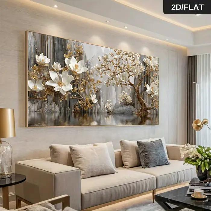 Peinture sur toile florale dorée abstraite moderne sans cadre, paysage Floral blanc et doré, décoration de salon Simple, Plat 2D