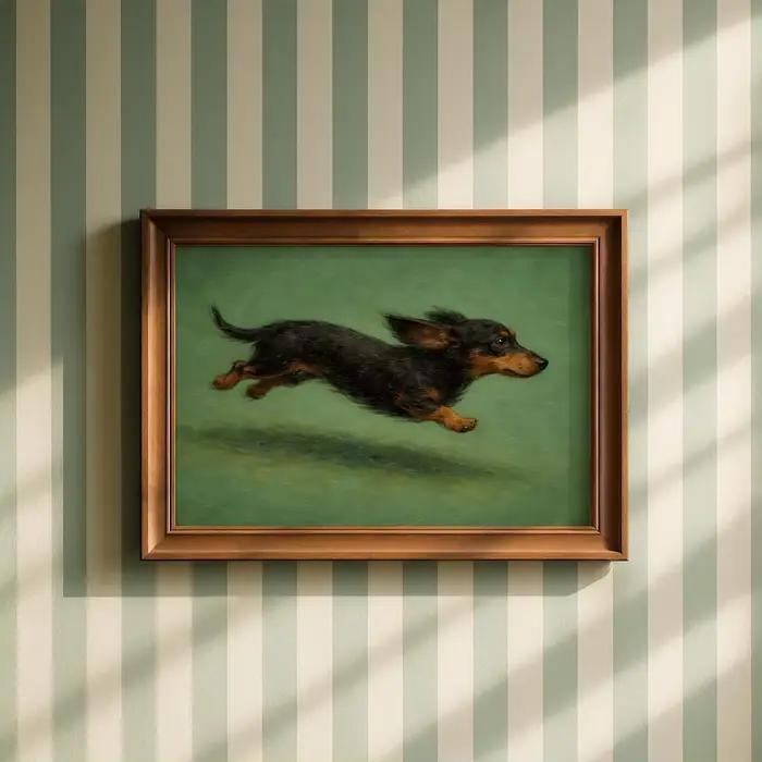 Tableau sur toile style classique 'Dachshund en pleine sautée' - Chien dynamique noir et brun - Impression murale pour salon et décoration intérieure