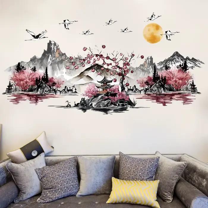 Autocollants muraux grue de peinture de paysage de Style chinois