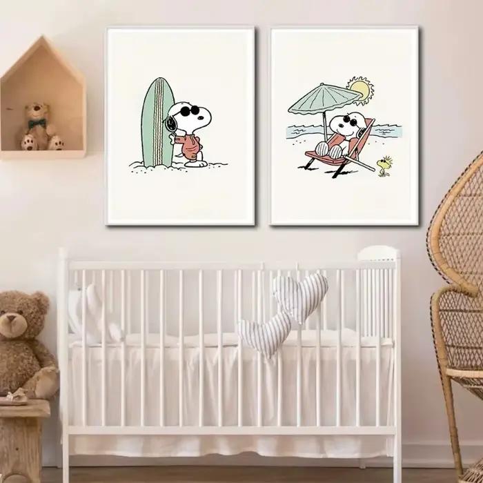 Snoopy plage vacances dessin animé peinture minimaliste nordique mur Art surf affiche amusant toile impression pépinière enfant chambre décor Cuadros