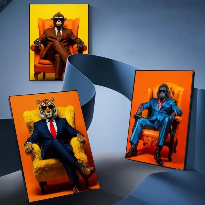 Animaux modernes en costumes Art mural élégant roi Lion Panda tigre léopard patron affiche impression gorille éléphant toile peinture décor