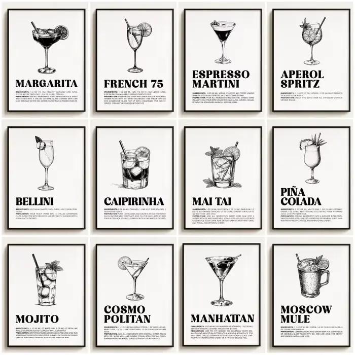 Affiche d'art vintage de recettes de cocktails à l'ancienne, impression d'art à l'encre de cocktail rétro, peinture sur toile, art mural, image pour la décoration de la maison