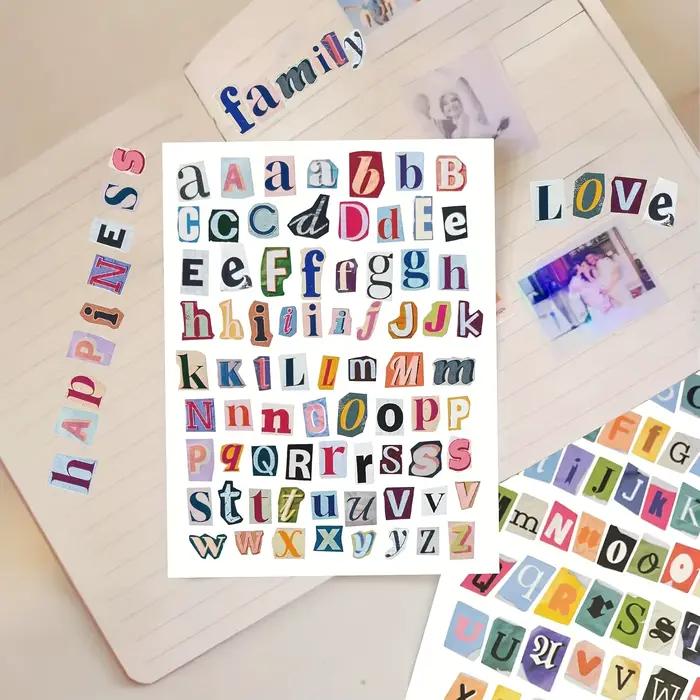 8/12 feuilles d'autocollants lettres style magazine vintage