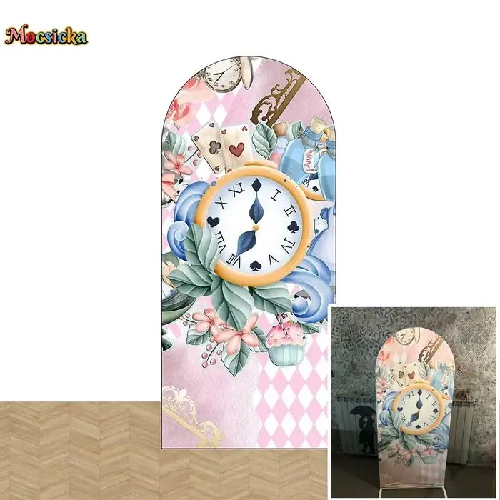 Mocsicka-Toile de fond de couverture arquée Alice au pays des merveilles pour fille, fond rose fleur, cabine double face, horloge d'anniversaire et de thé