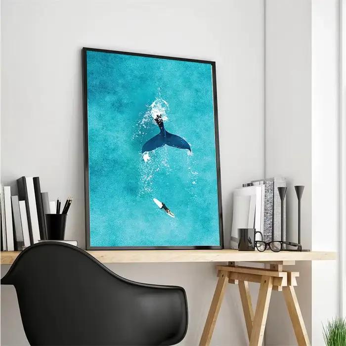 Aquarelle bleue océan organisme marin baleine requin Manta rayons affiche mer plage Surf toile peinture mur Art pour chambre décor à la maison
