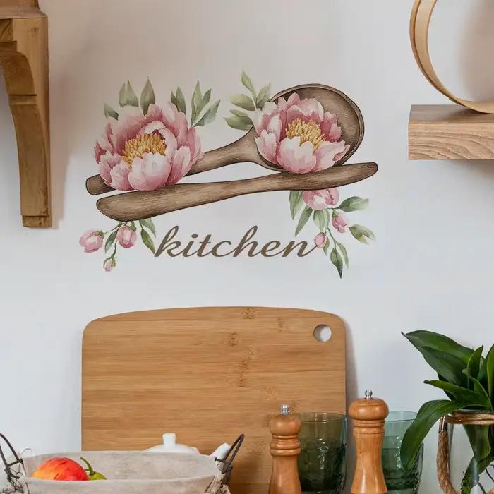 Autocollant mural créatif en forme de cuillère en bois et de fleurs