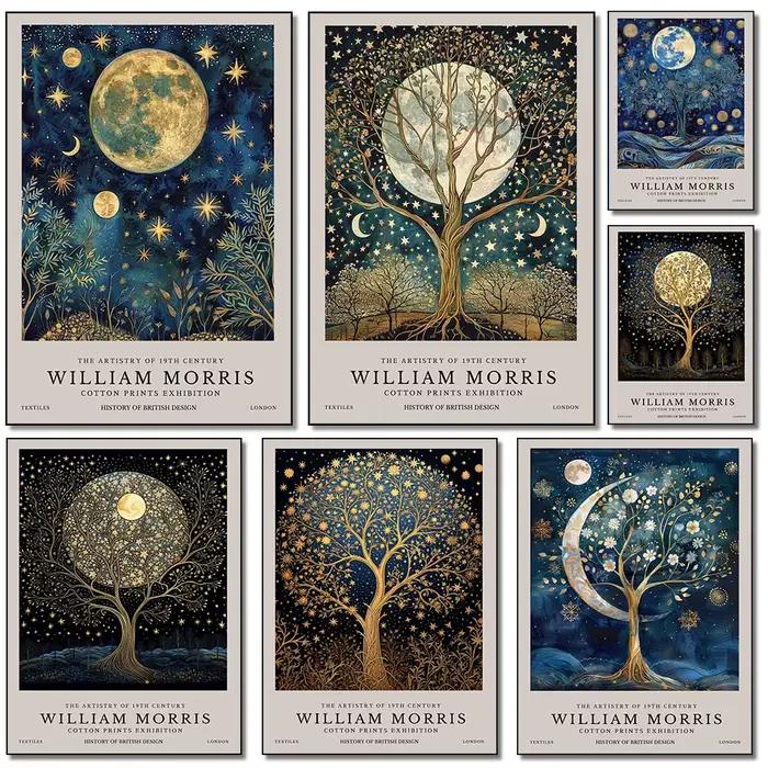 Affiche rétro William Morris lune et étoiles