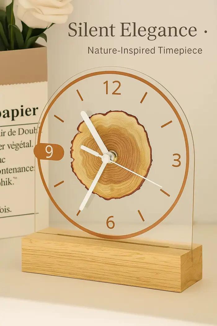 Horloge de bureau minimaliste en acrylique avec base en bois massif – Mouvement silencieux
