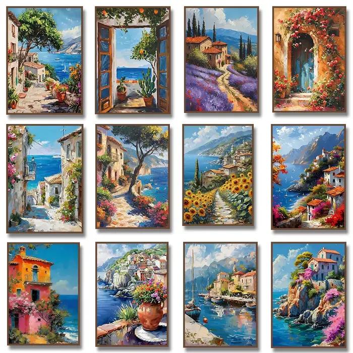 Village méditerranéen bateau côtier bord de mer paysage Floral champ chalet affiche toile peinture impression salon décor à la maison