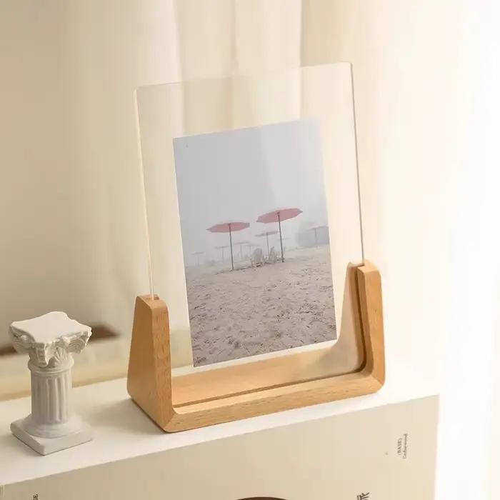 Cadre photo créatif en noyer/hêtre, cadre transparent en acrylique en forme de U, cadre en bois pour photos de mariage, décoration de bureau à domicile