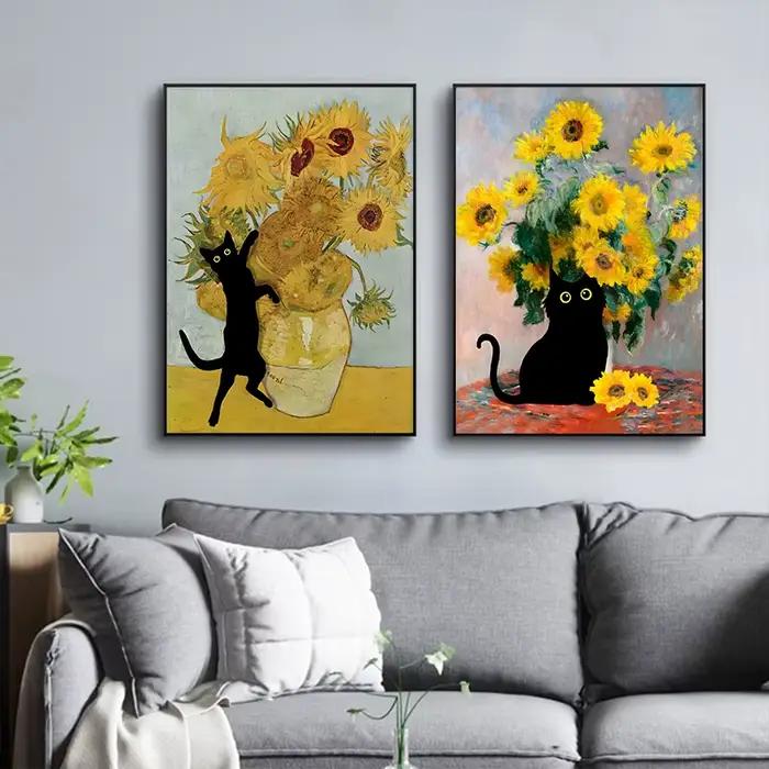 Peintures célèbres Mona Lisa nuit étoilée avec drôle chat noir affiche toile peinture tournesol Reproduction mur Art décor à la maison