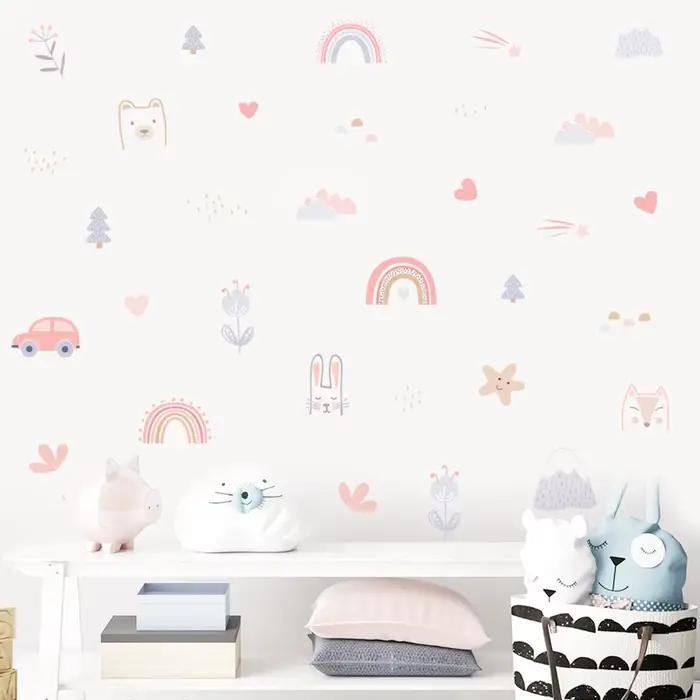 Dessin animé arc-en-ciel animaux visages étoile aquarelle autocollant mural vinyle amovible bricolage décalcomanies chambre d'enfants salon intérieur décor à la maison