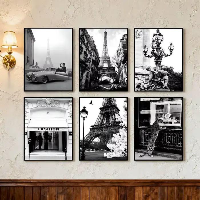 Affiche d'art de style anime, noir et blanc, à la mode, sur l'architecture rétro de Paris, la tour Eiffel, décoration de maison, décoration de chambre parfaite
