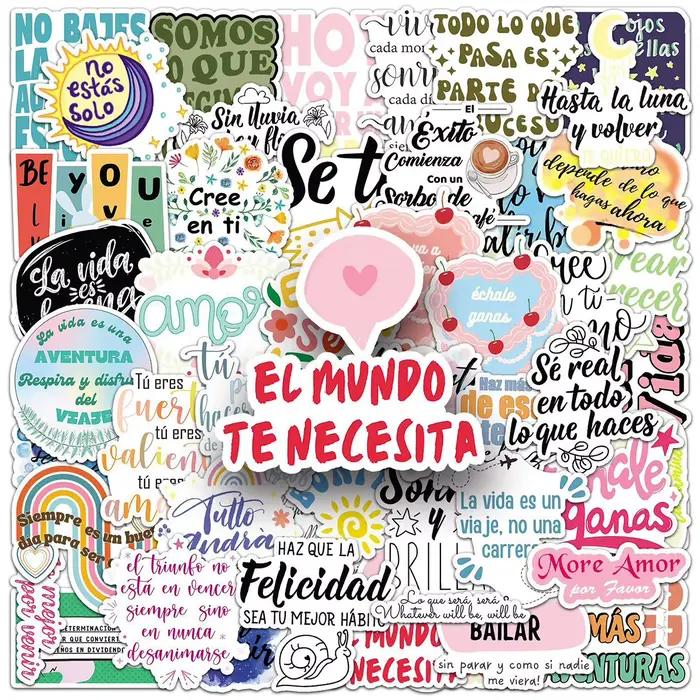 50 autocollants graphiques espagnols inspirants avec des phrases de texte créatives personnalisées pour décorer les téléphones mobiles et les ordinateurs