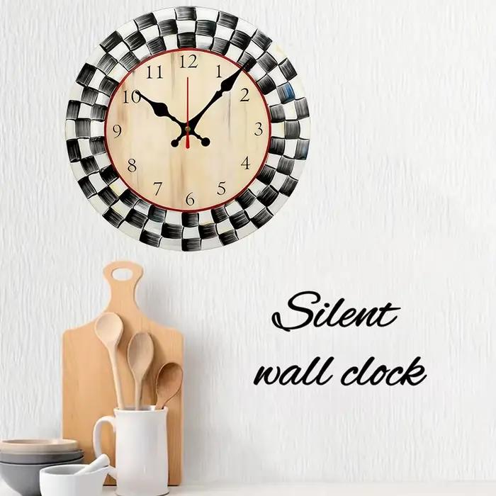 Horloge murale suspendue silencieuse ronde en bois à grille noire et blanche
