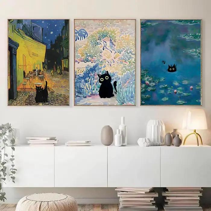 Peintures célèbres Mona Lisa nuit étoilée avec drôle chat noir affiche toile peinture tournesol Reproduction mur Art décor à la maison