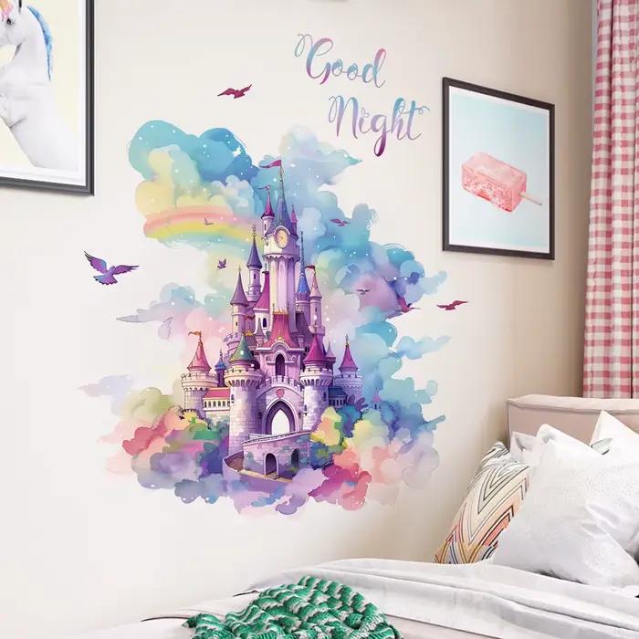 Autocollant mural en vinyle château arc-en-ciel pour enfant