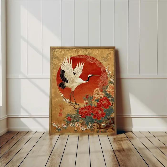 Affiche style feuille d'or Grue Orientale
