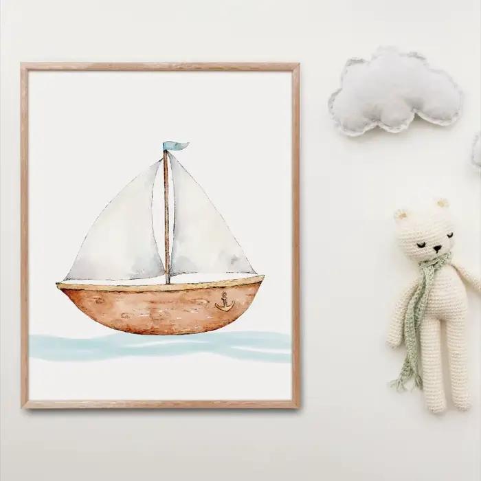 Affiche d'art de bateau nautique de Style dessin animé, ancre de chambre d'enfants, roue de bateau, peinture sur toile, imprimés muraux, image, décoration de maison pour salon
