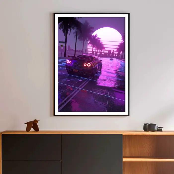 Neon Night City Paysage Affiches de voiture Cyberpunk rétro des années 80