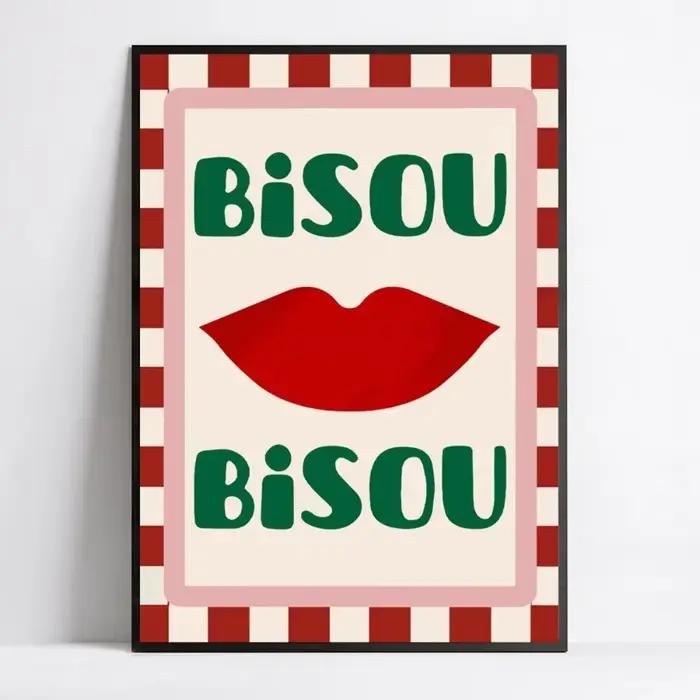 Affiche encadrée d'art à lèvres rouges Bisou Bisou
