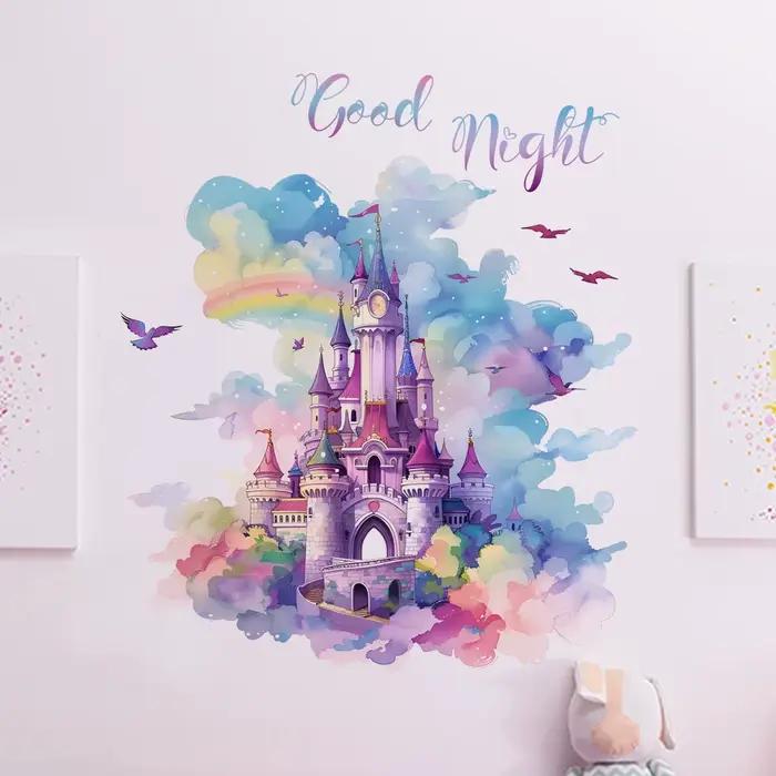 Autocollant mural en vinyle château arc-en-ciel pour enfant