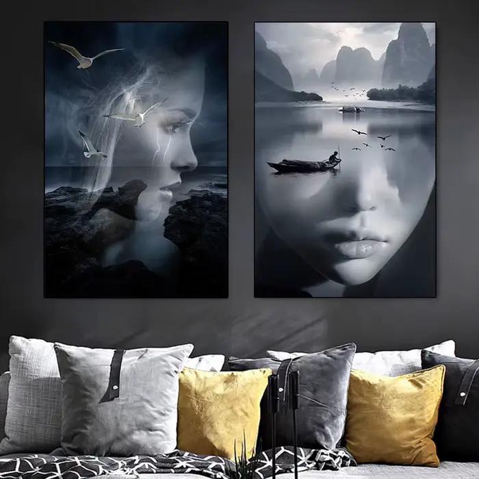 Affiche murale abstraite de paysage de visage de montagne de femme de nature humaine