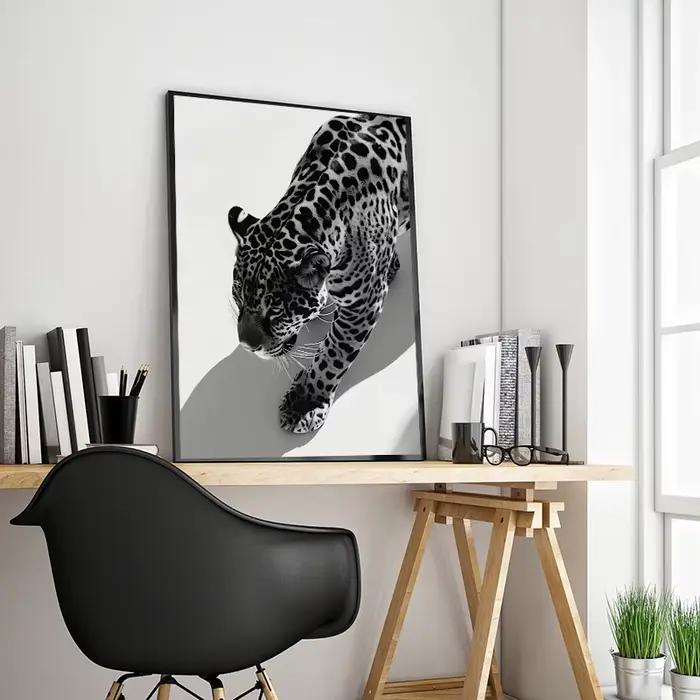 Affiche d'art imprimée de poulet rugissant de léopard: peinture sur toile d'animal de luxe noir et blanc pour la décoration de la maison du salon