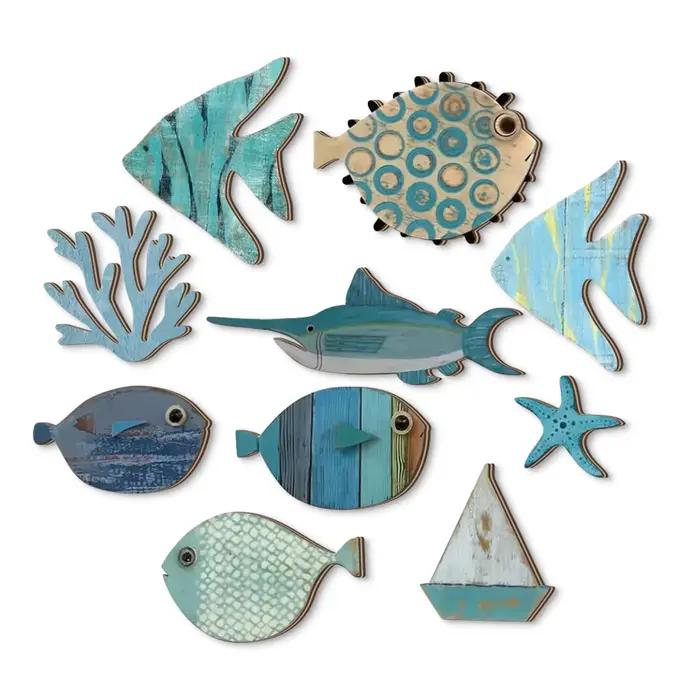 Décoration murale océan en bois fabriquée à la main – Ensemble poisson