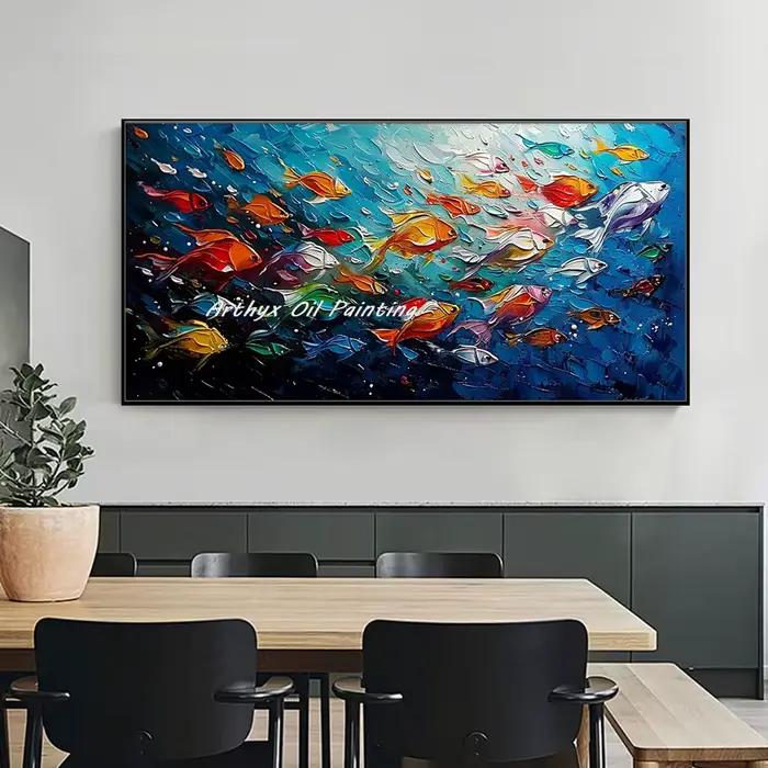 Arthyx, peinture à l'huile sur toile d'école de poissons d'art texturé d'océan bleu