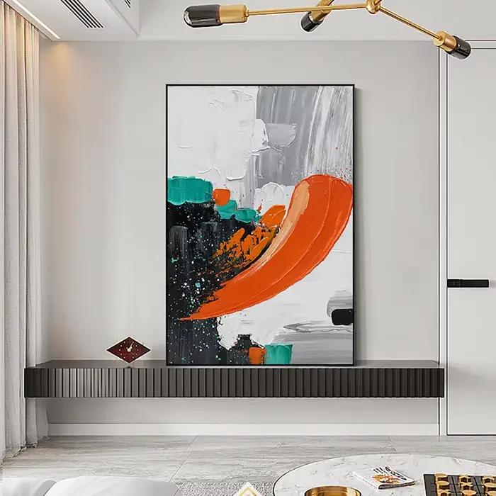 Grande peinture à l'huile abstraite orange peinte à la main