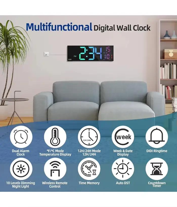 Grande horloge murale numérique 16.2 pouces, avec télécommande, grand LED/double alarme/8 couleurs rvb, réveil numérique, montre électronique