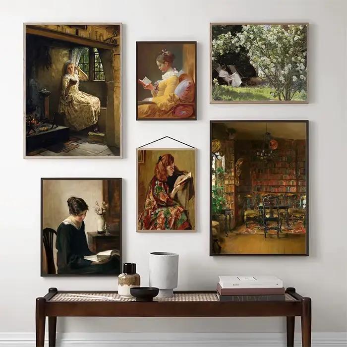 Fille lecture Vintage peinture à l'huile sur toile affiches Antique femme lecteur Portrait Art impression filles chambre bureau maison décoration murale
