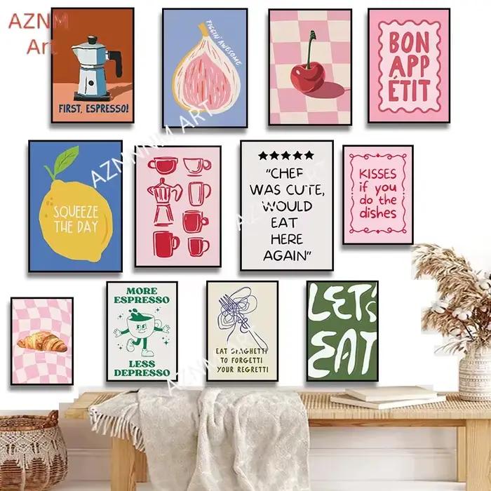 Pâtes Croissant café à la mode manger rose cerise citron figue citation affiche toile peinture impression mur pour cuisine décor Cuadros