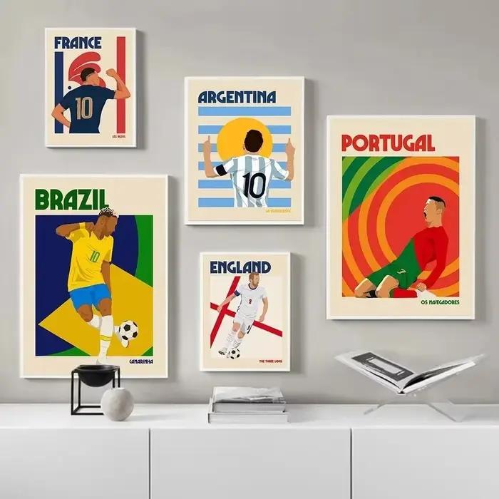 Argentine Portugal Football rétro Illustration angleterre brésil France mur Art toile peinture couleur garçon Fan sport affiche décor
